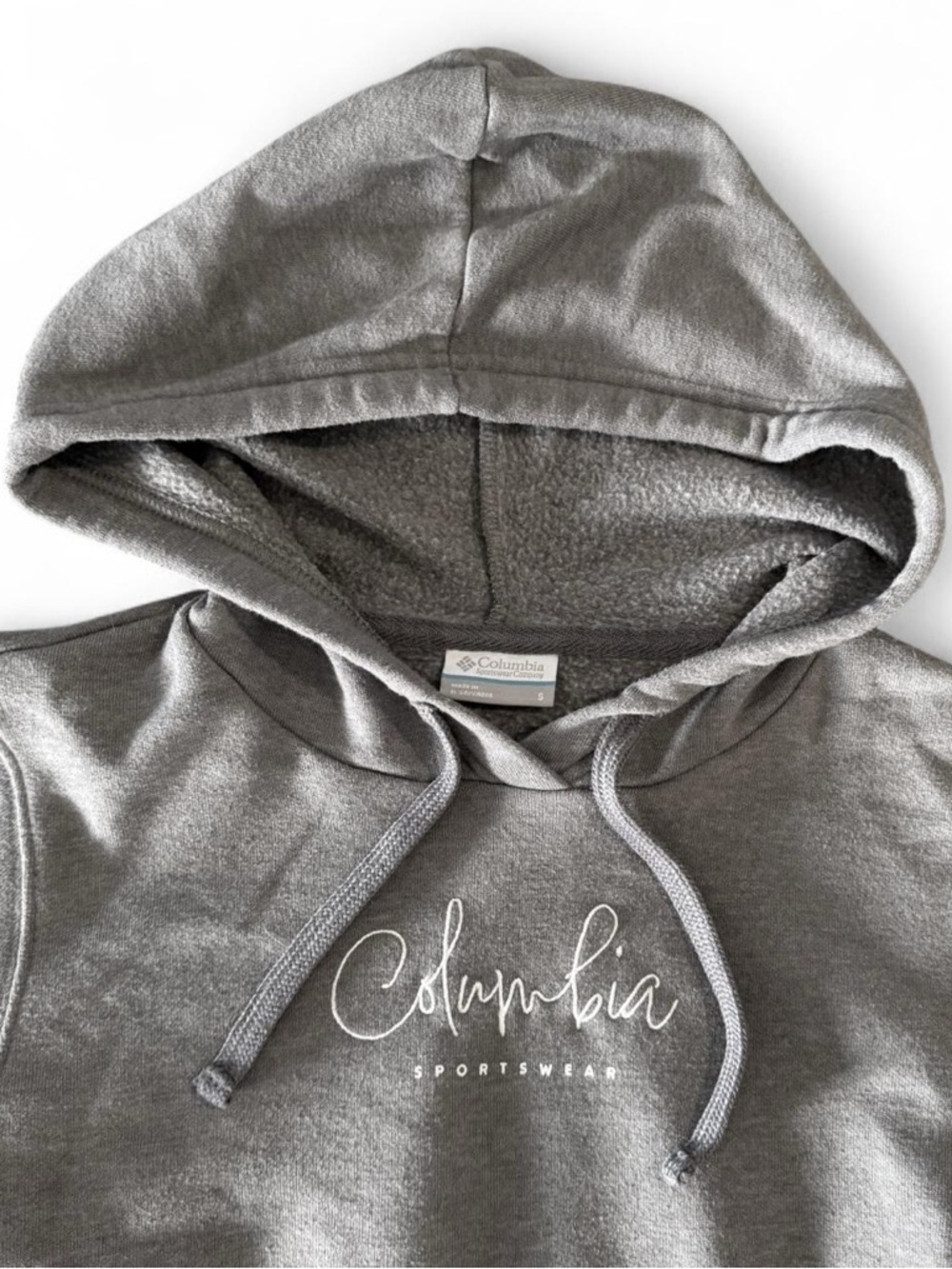 Columbia Sportswear heather gray hoodie with cursive cute logo casual outdoors